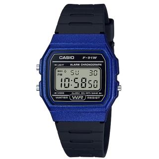 【CASIO 卡西歐】復古方形電子男錶 樹脂錶帶 黑色錶面 防水 碼錶功能(F-91WM-2A)