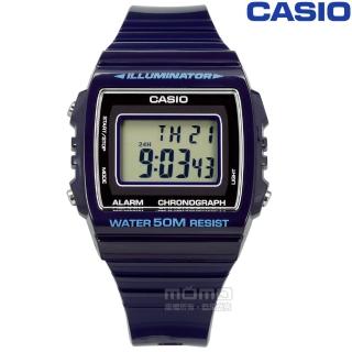 【CASIO 卡西歐】計時碼錶 LED照明 鬧鈴 電子數位 橡膠手錶 深藍紫色 38mm(W-215H-2A)