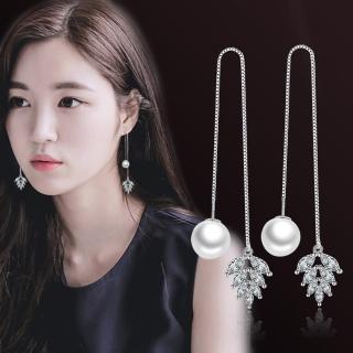 【I.Dear Jewelry】夜未央-韓國垂墜流蘇樹葉鑲鑽水晶珍珠造型耳線耳環(夜未央)