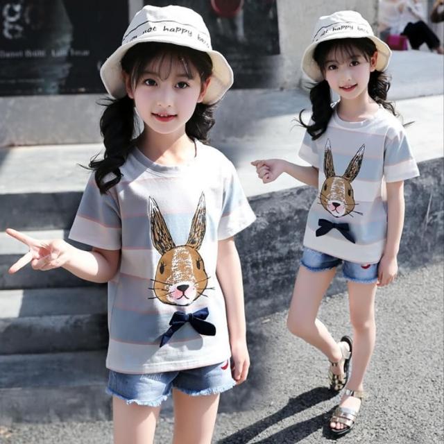 【小衣衫童裝】中大童寬條小兔子蝴蝶結短袖T恤(1070524)