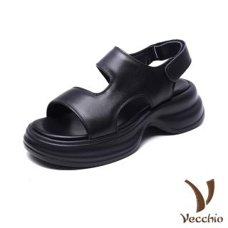 【Vecchio】真皮涼鞋 厚底涼鞋/真皮頭層牛皮百搭幾何流線輕量厚底涼鞋(黑)