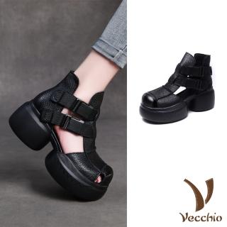 【Vecchio】真皮涼鞋 厚底涼鞋/真皮頭層牛皮帥氣釦帶編織厚底羅馬涼鞋(黑)
