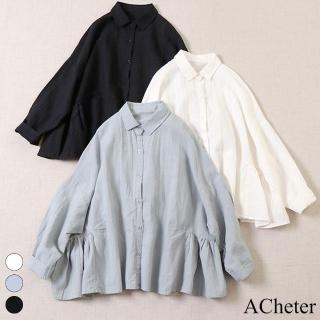 【ACheter】長袖襯衫寬鬆韓版小清新長袖減齡荷葉邊娃娃衫棉麻感短版上衣#119023(3色)