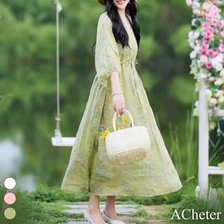 【ACheter】V領連身裙七分袖收腰長款刺繡顯瘦洋裝#119036(3色)
