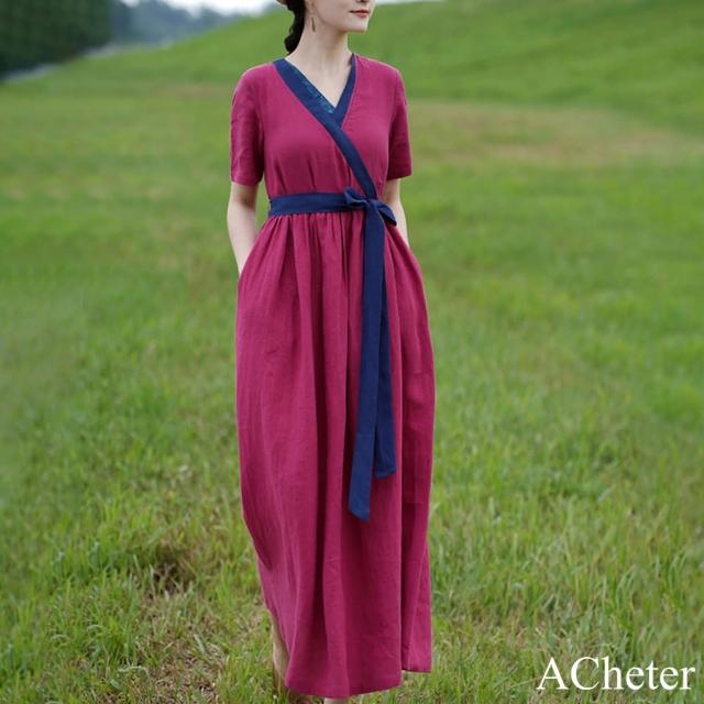 【ACheter】民族風棉麻連身裙短袖文藝復古V領寬鬆顯瘦長裙洋裝#119056(酒紅)