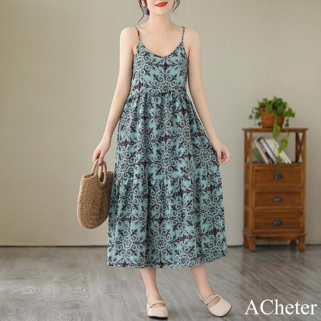 【ACheter】法式減齡寬鬆大碼度假風花色V領吊帶長裙洋裝#119060(藍)