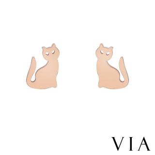 【VIA】白鋼耳釘 黑貓耳釘/動物系列 神祕小黑貓造型白鋼耳釘(玫瑰金色)