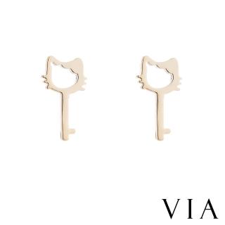 【VIA】白鋼耳釘 貓咪耳釘/時尚系列 可愛貓咪鑰匙造型白鋼耳釘(金色)