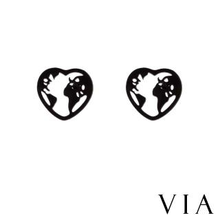 【VIA】白鋼耳釘 愛心耳釘/時尚系列 愛心地圖造型白鋼耳釘(黑色)