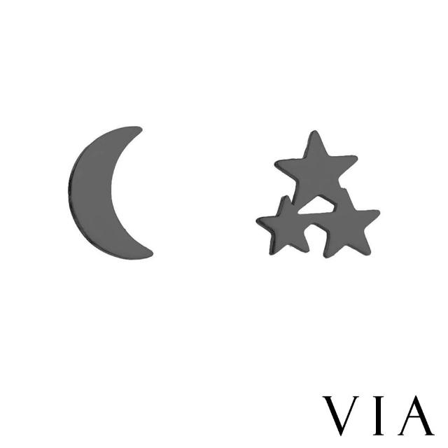 【VIA】白鋼耳釘 不對稱耳釘/星空系列 星星月亮不對稱造型白鋼耳釘(黑色)
