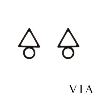 【VIA】白鋼耳釘 三角耳釘/符號系列 縷空線條幾何三角圈圈造型白鋼耳釘(黑色)
