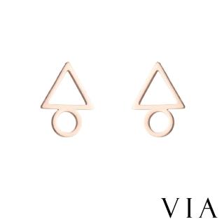 【VIA】白鋼耳釘 三角耳釘/符號系列 縷空線條幾何三角圈圈造型白鋼耳釘(玫瑰金色)