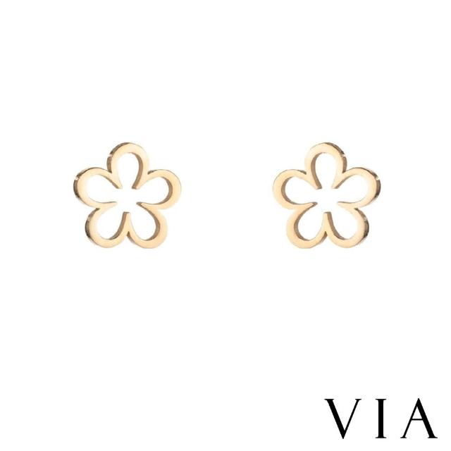 【VIA】白鋼耳釘 縷空耳釘/植物系列 縷空線條花朵造型白鋼耳釘(金色)