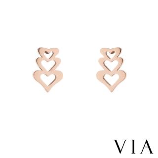 【VIA】白鋼耳釘 符號耳釘/符號系列 心串心造型白鋼耳釘(玫瑰金色)