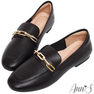 【Ann’S】城市漫步-金色鍊帶真皮小羊皮平底樂福鞋(黑)