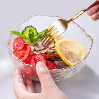 【樂邁家居】三入組日式 金邊沙拉碗 質感餐具(杯沿描金/融冰紋理/耐熱玻璃)