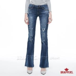【BRAPPERS】女款 新美腳ROYAL系列-中低腰彈性磨破褲丁喇叭褲(藍)
