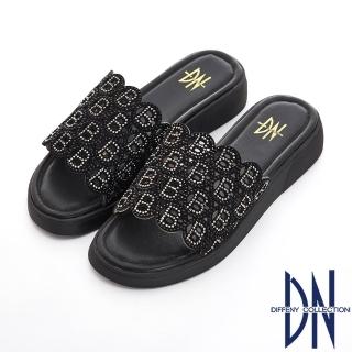 【DN】浪漫舒適 真皮水鑽字母拼接舒適涼拖鞋(黑)