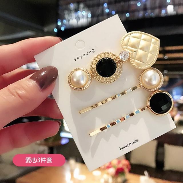 【BBHONEY】日韓系千鳥格質感鈕釦珍珠髮夾BB夾三件組(網美必備款)