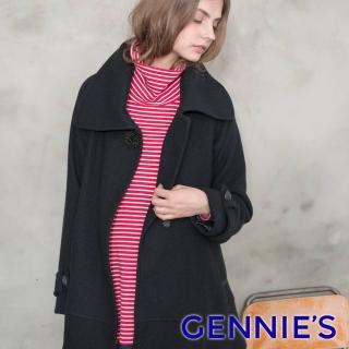 【Gennies 奇妮】高領彈性棉條紋不規則衣襬長版上衣(紅/黑/白/灰T3809)