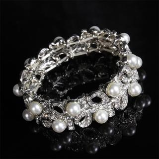 【Angel】珍珠花葉交錯浪漫水鑽彈性手環(白色)