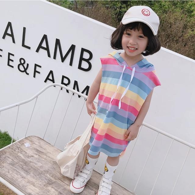 【小衣衫童裝】女童夏裝彩虹條紋連帽無袖長版T裙(1080509)