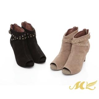 【MK】時尚女神系列-MIT羊絨麂皮質感鉚釘細高跟踝靴魚口靴-黑色/駝色(兩色)