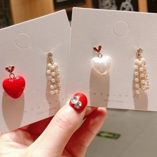 【BBHONEY】韓版紅色愛心珍珠鑽石流蘇氣質耳環(網美必備款)
