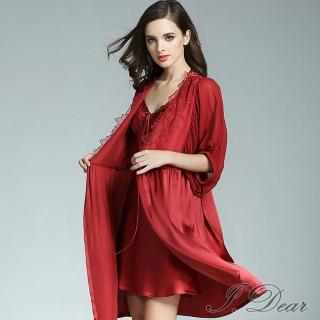 【I.Dear】100%蠶絲親膚居家服重工蕾絲花邊睡袍背心兩件套組(暗紅色)