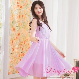 【lingling】PA3521造型珠領抓折及膝雪紡背心洋裝(時尚紫)