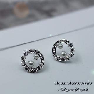 【Anpan】925銀針韓東大門圓形珍珠微鑲鑽石耳環