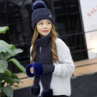 【Acorn 橡果】韓系針織保暖防風加厚毛帽耳罩+圍巾披肩圍脖+手套1802(三件組-藏青)
