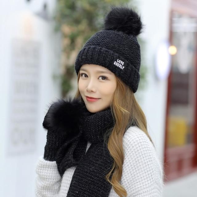 【Acorn 橡果】韓系針織保暖防風加厚毛帽耳罩+圍巾披肩圍脖+手套1802(三件組-黑色)