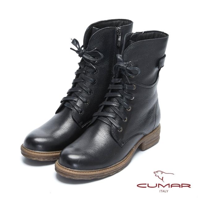 【CUMAR】率性柔美-中性風綁帶軍裝感短靴(石曜黑)