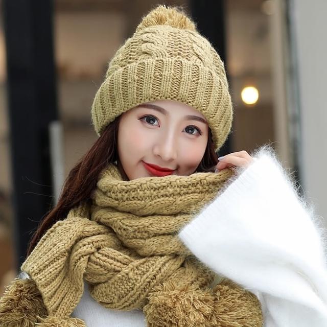 【Acorn 橡果】韓系針織保暖防風加絨毛帽耳罩+圍巾披肩圍脖1803(兩件組-卡其)