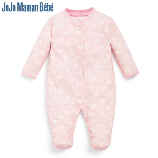 【JoJo Maman BeBe】嬰幼兒長袖純棉包腳連身衣_ 粉紅大象(JJGL-E1789)