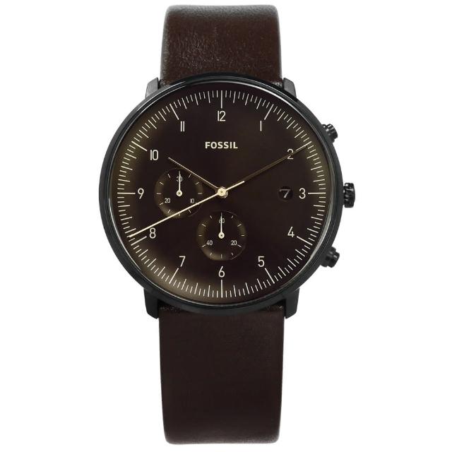 【FOSSIL】都會魅力 礦石強化玻璃 計時功能 日期 日本機芯 真皮手錶 深褐色 42mm(FS5485)