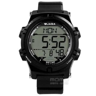 【JAGA 捷卡】電子運動 倒數計時 計時碼錶 鬧鈴 日常生活防水 橡膠手錶 黑色 47mm(M1192-A)