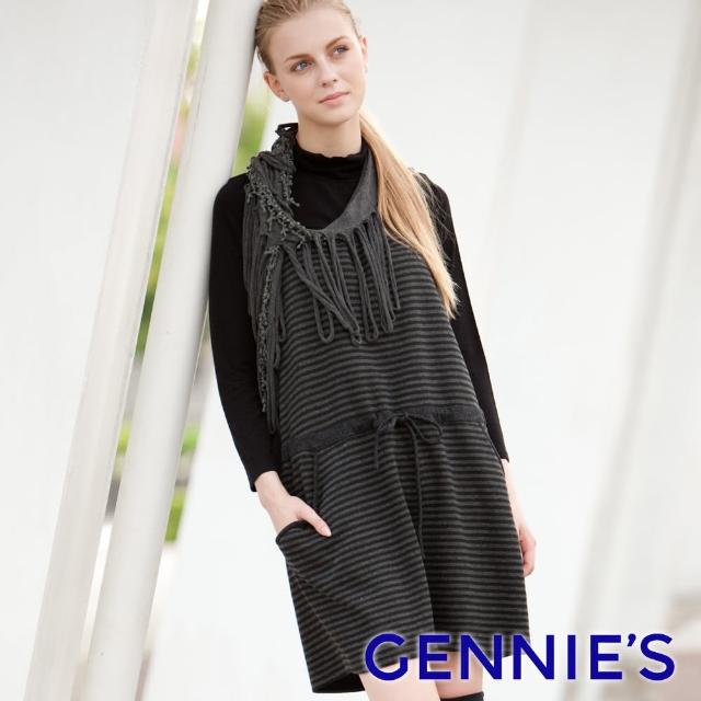 【Gennies 奇妮】冬戀氛圍條紋針織吊帶洋裝(黑灰C2Y05)