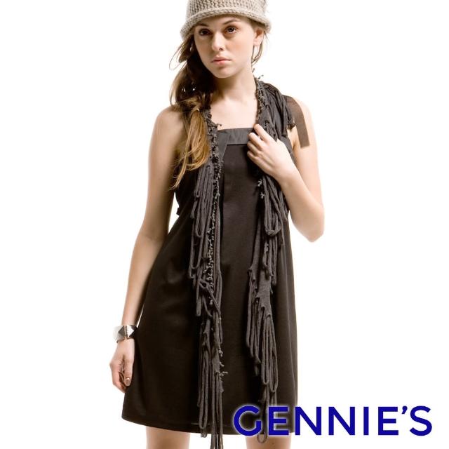 【Gennies 奇妮】造型皮質拼接吊帶洋裝(黑C2Y15)