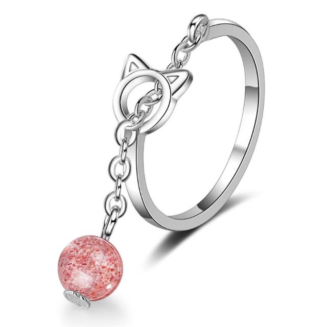 【RJNewYork】俏皮草莓水晶銀貓造型戒指(2款可選)