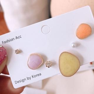 【BBHONEY】韓國設計款夏季彩色金邊幾何珍珠鑽石6件組耳環(網美必備款)