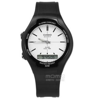 【CASIO 卡西歐】復古簡約 數位指針雙顯 兩地時間 計時碼錶 鬧鈴 橡膠手錶 白x黑 38mm(AW-90H-7E)