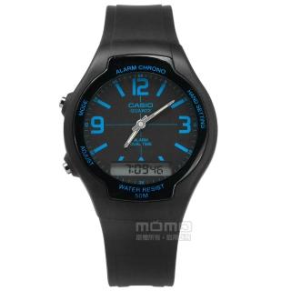 【CASIO 卡西歐】復古簡約 數位指針雙顯 兩地時間 計時碼錶 鬧鈴 橡膠手錶 藍x黑 38mm(AW-90H-2B)