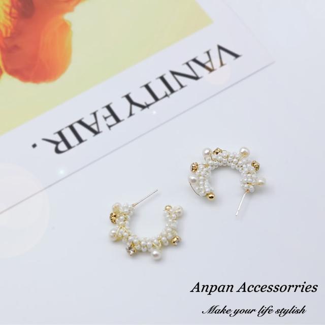 【Anpan】925銀針韓東大門NYU時尚CHIC風 C型珍珠耳環