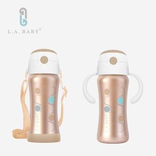 【L.A. Baby】超輕量保溫保冷雙層316不鏽鋼兒童揹帶保溫瓶水壺組(香檳金)