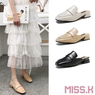 【MISS.K】經典方頭一字帶舒適粗跟包頭拖鞋 穆勒鞋(3色任選)