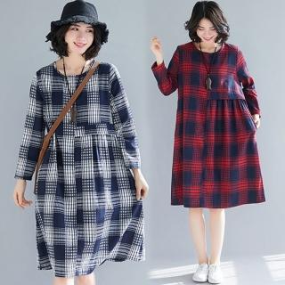 【ACheter】福岡文藝色彩雙織格紋棉麻寬鬆洋裝#103489(2色)