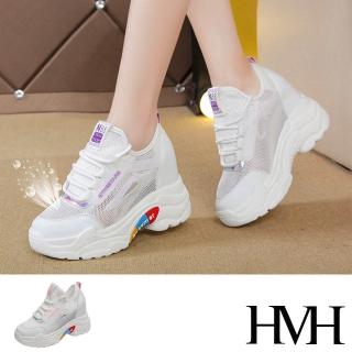 【HMH】時尚印字縷空網布拼接造型內增高厚底休閒鞋(2色任選)