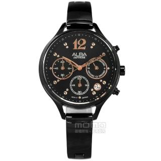 【ALBA】甜美知性 藍寶石水晶玻璃 計時 日期 不鏽鋼手錶 鍍黑 36mm(VD53-X335SD.AT3F19X1)